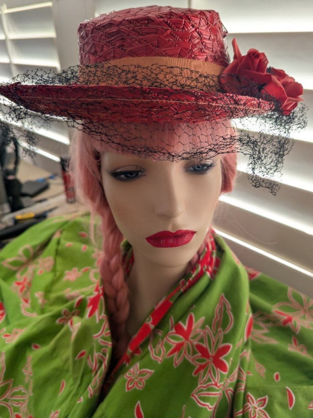 Vintage Red Straw hat With Net Veil & Chin Strap-Western Look Floral Straw Hat